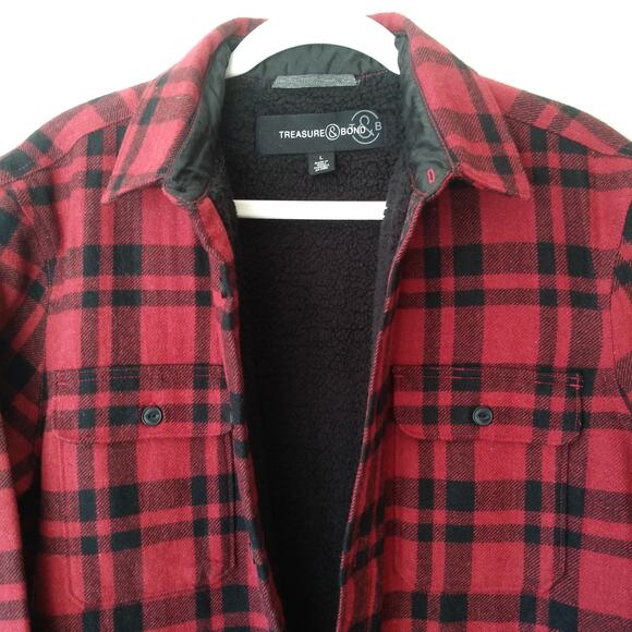 Treasure Bond L Plaid Faux Sherpa Lined Flannel Shacket Jacket Coat Wool Blend - Picture 3 of 12